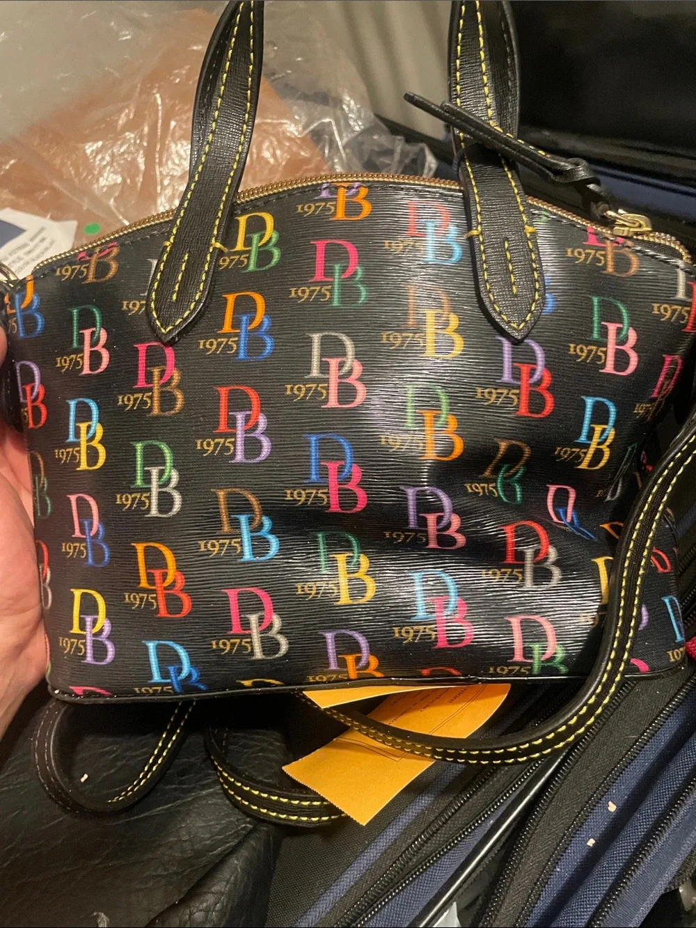 Dooney & Bourke Black Satchel with Multicolor DB Logo Print